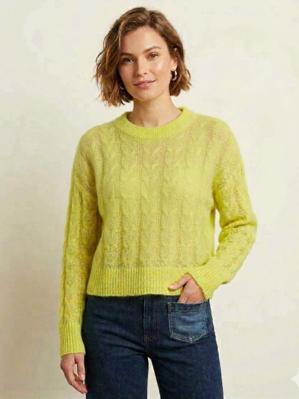 NWT Evereve neon yellow pullover cable knit sweater, size S